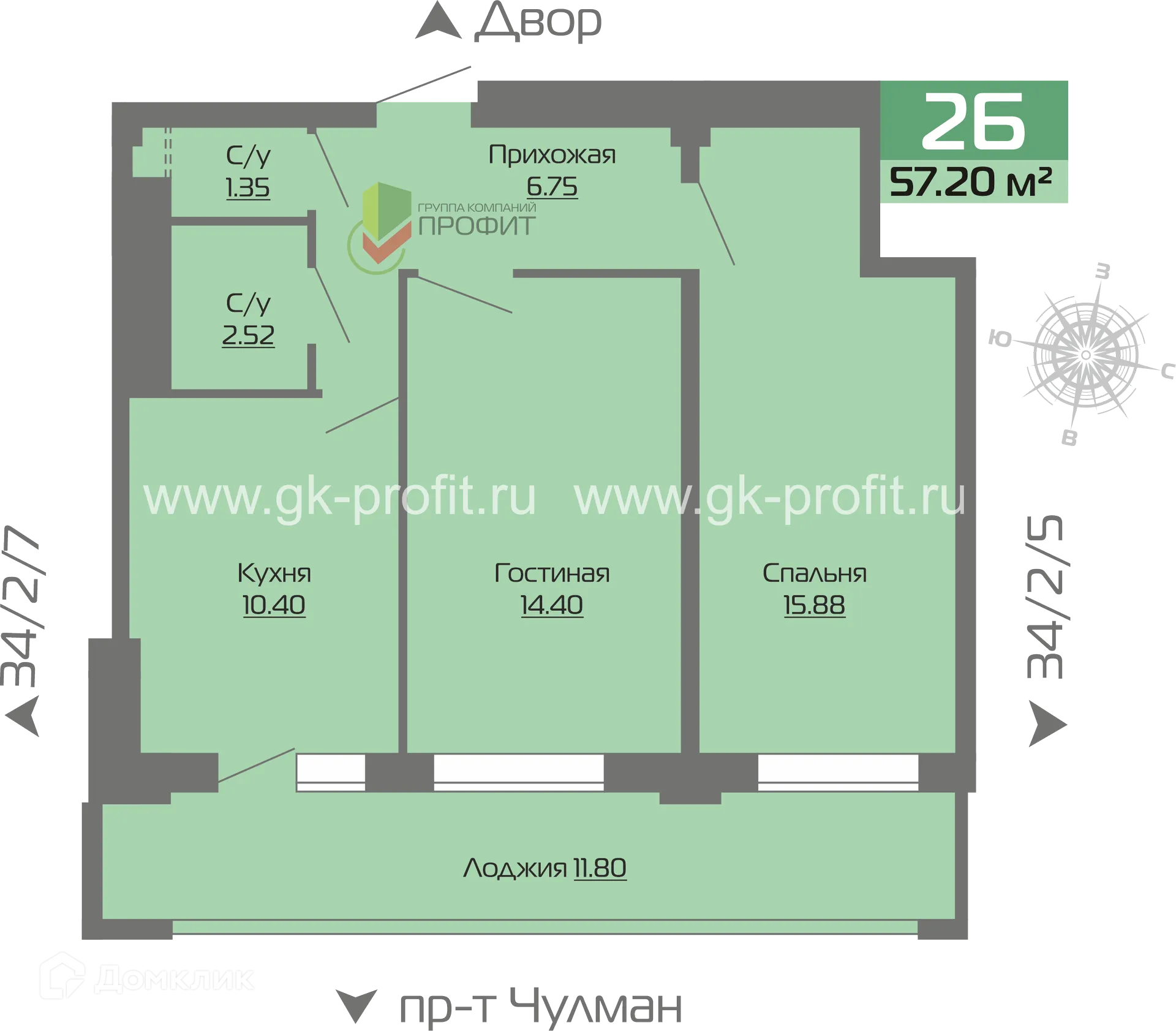 Планировка 2-комнатной квартиры 57.2 м² в ЖК Новое побережье, г. Набережные Челны — фото 1