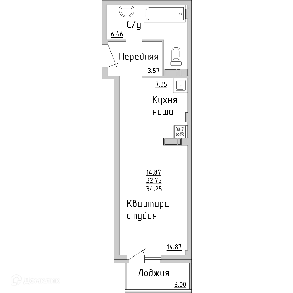 Планировка студии квартиры 33.3 м² в ЖК "НА САРМАНОВСКОМ", г. Набережные Челны — фото 1
