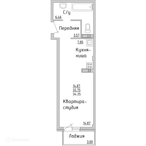 Планировка Студия в ЖК "НА САРМАНОВСКОМ"