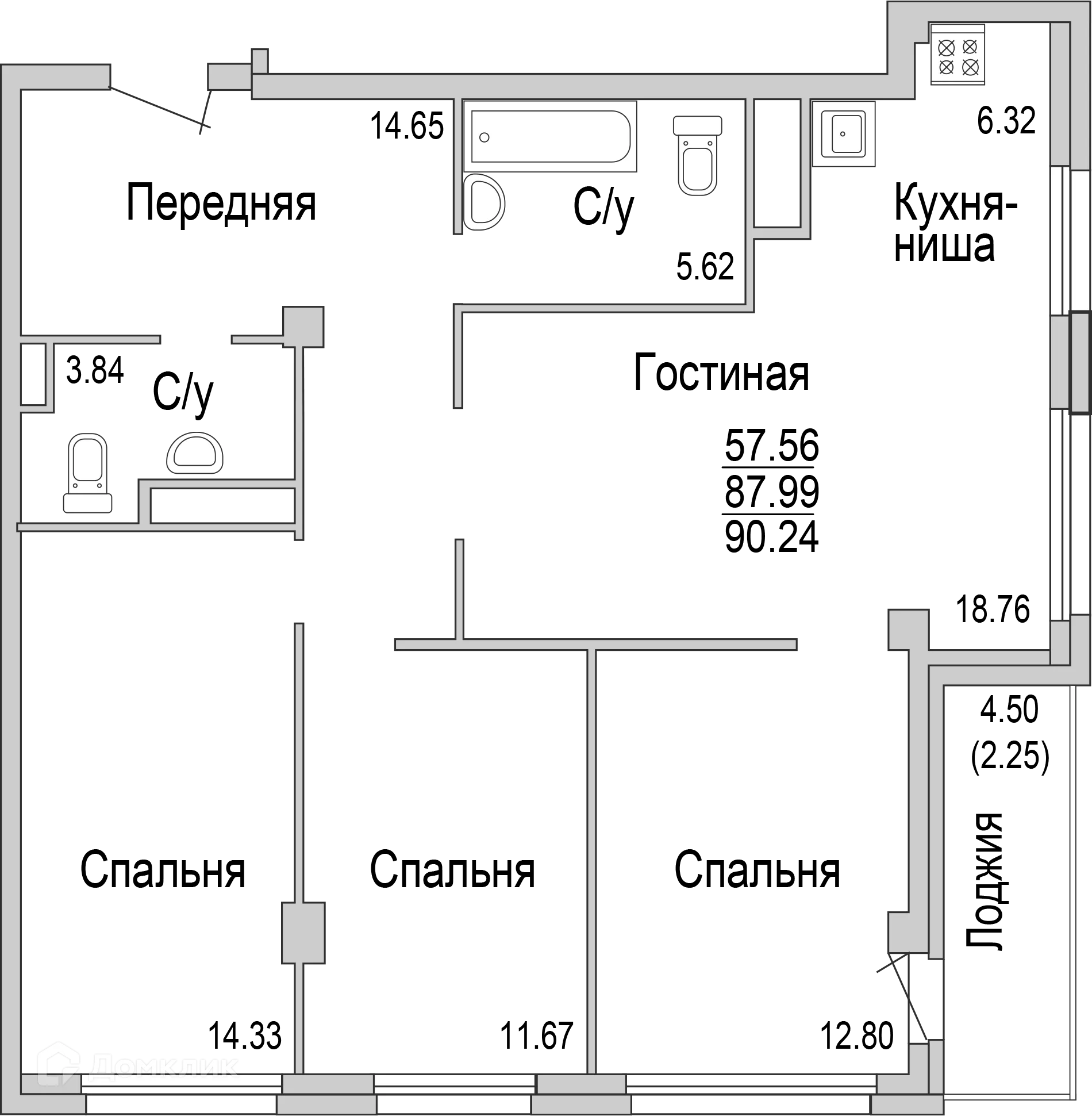 Планировка 4-комнатной квартиры 90.24 м² в ЖК "НА САРМАНОВСКОМ", г. Набережные Челны — фото 1