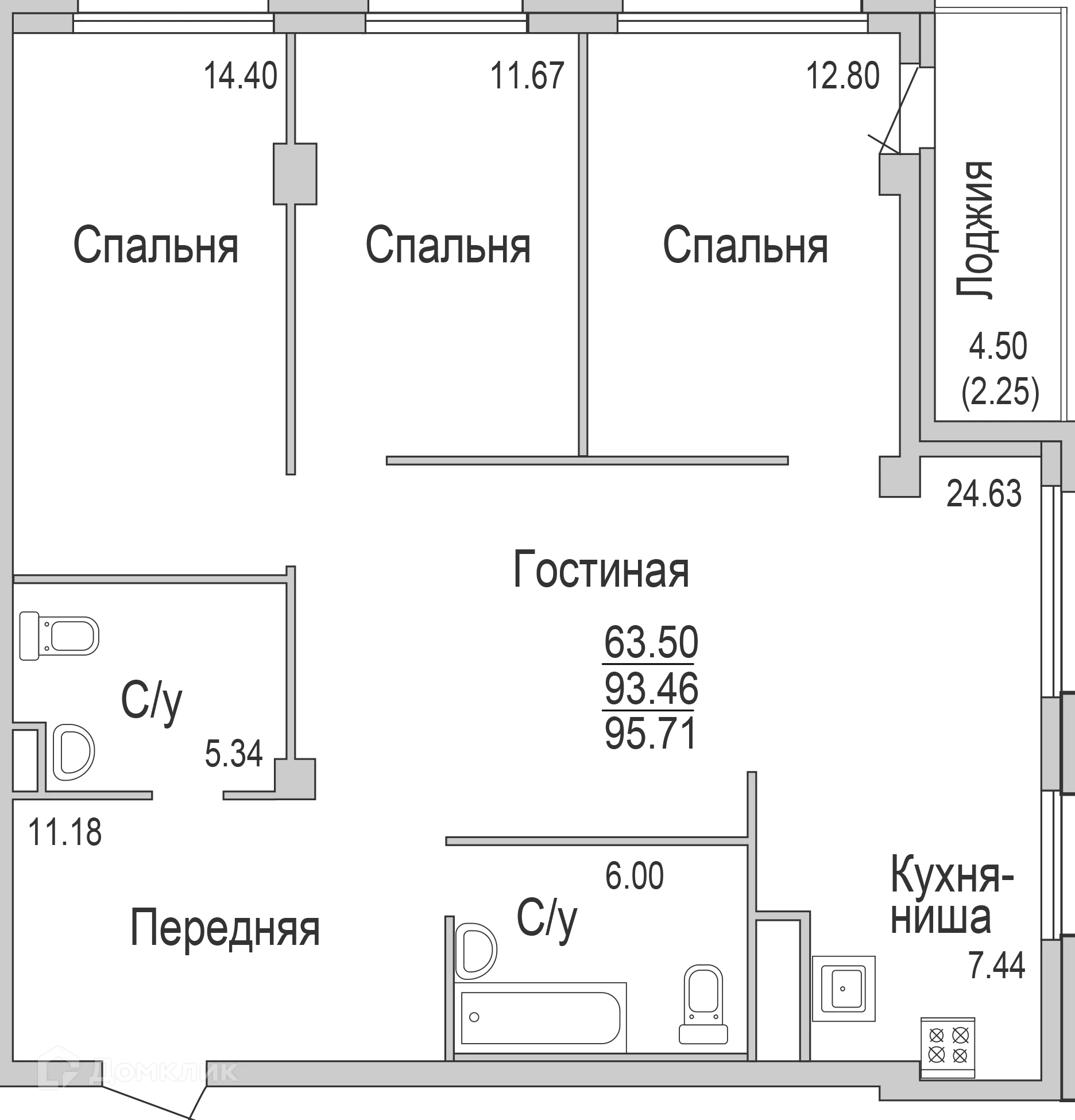 Планировка 4-комнатной квартиры 95.76 м² в ЖК "НА САРМАНОВСКОМ", г. Набережные Челны — фото 1