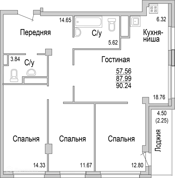 Планировка 4 комн. в ЖК "НА САРМАНОВСКОМ"