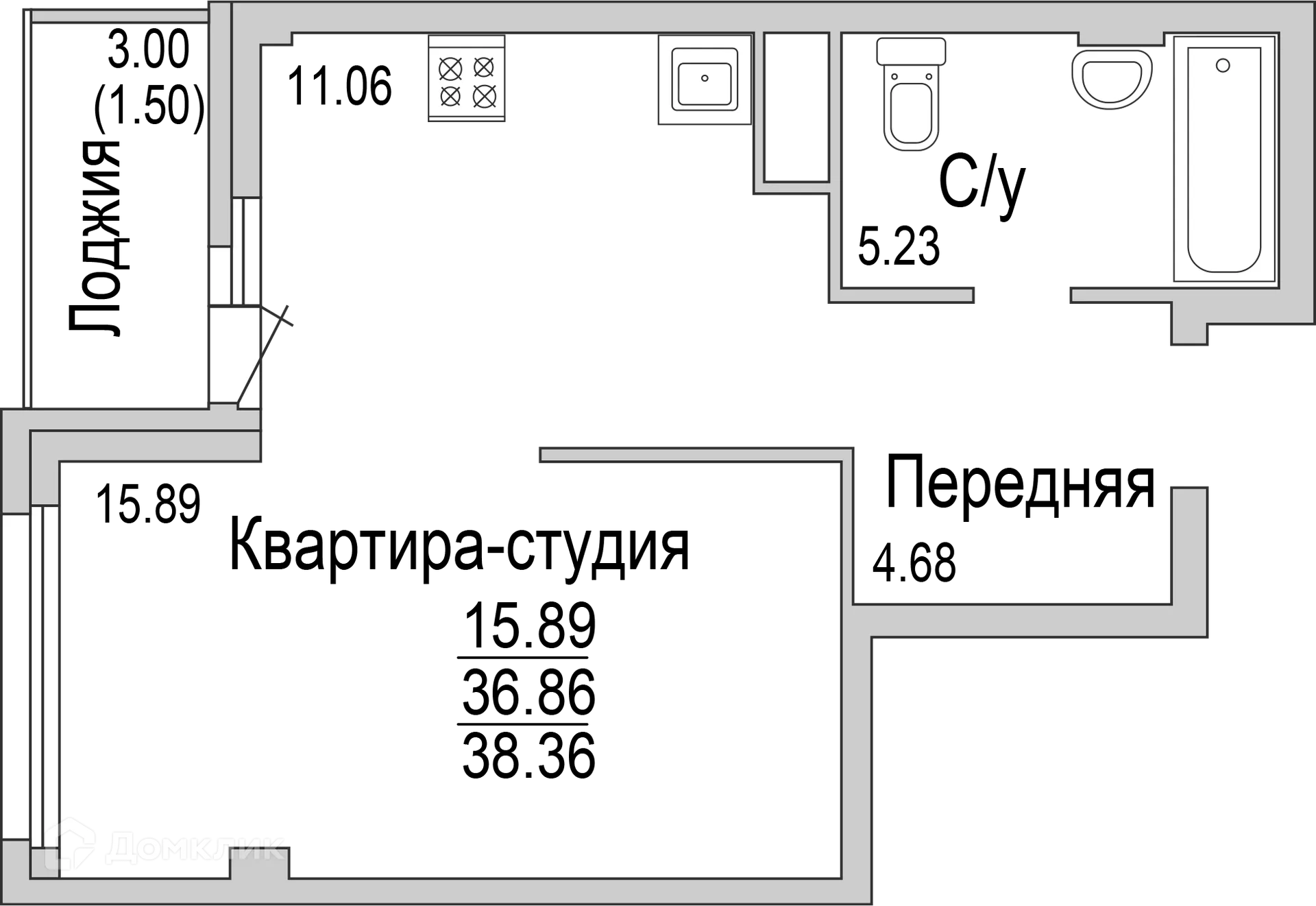 Планировка студии квартиры 38.39 м² в ЖК "НА САРМАНОВСКОМ", г. Набережные Челны — фото 1