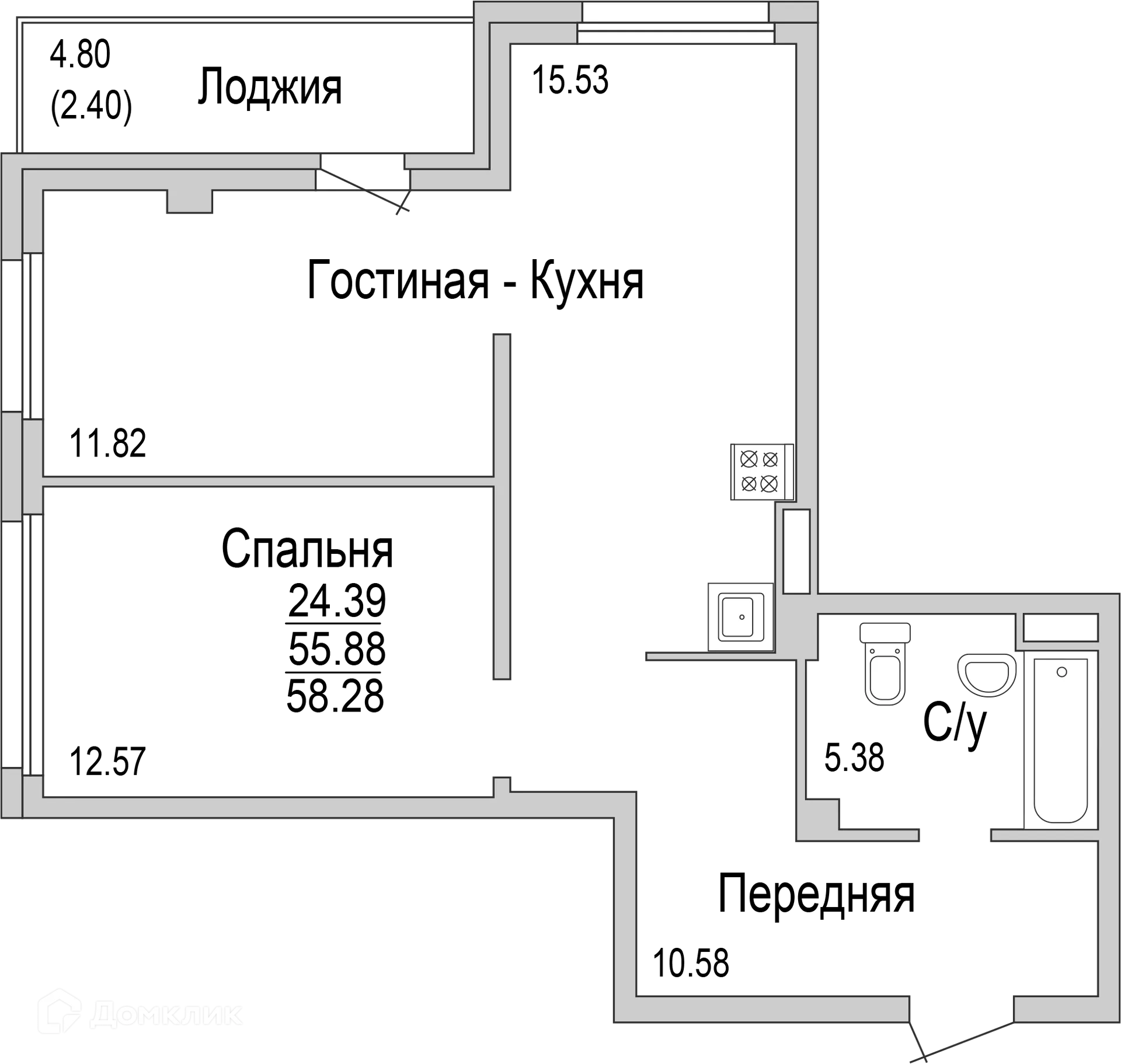 Планировка 2-комнатной квартиры 58.28 м² в ЖК "НА САРМАНОВСКОМ", г. Набережные Челны — фото 1