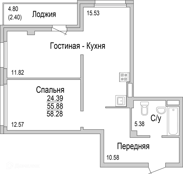 Планировка 2 комн. в ЖК "НА САРМАНОВСКОМ"