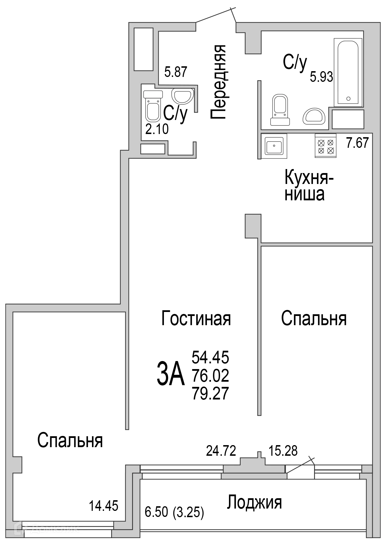 Планировка 3-комнатной квартиры 79.35 м² в ЖК "НА САРМАНОВСКОМ", г. Набережные Челны — фото 1