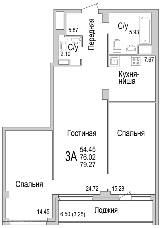 Планировка 3 комн. в ЖК "НА САРМАНОВСКОМ"