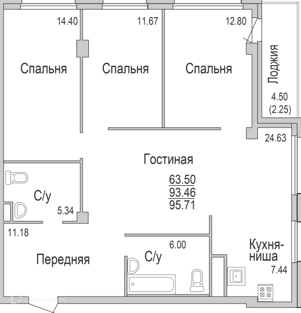 Планировка 4 комн. в ЖК "НА САРМАНОВСКОМ"