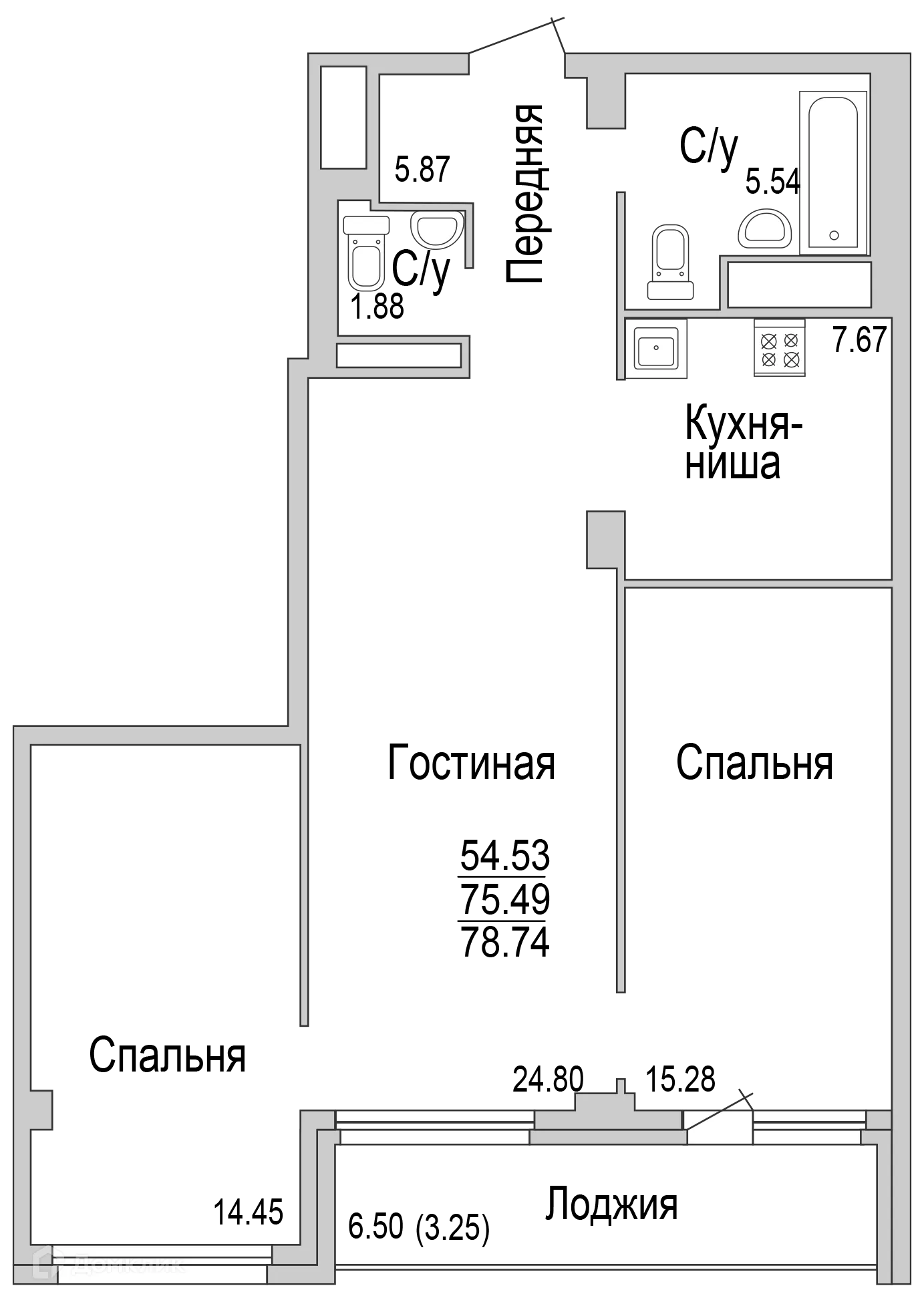 Планировка 3-комнатной квартиры 78.74 м² в ЖК "НА САРМАНОВСКОМ", г. Набережные Челны — фото 1