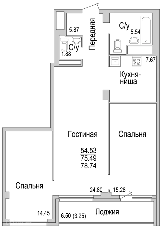 Планировка 3 комн. в ЖК "НА САРМАНОВСКОМ"