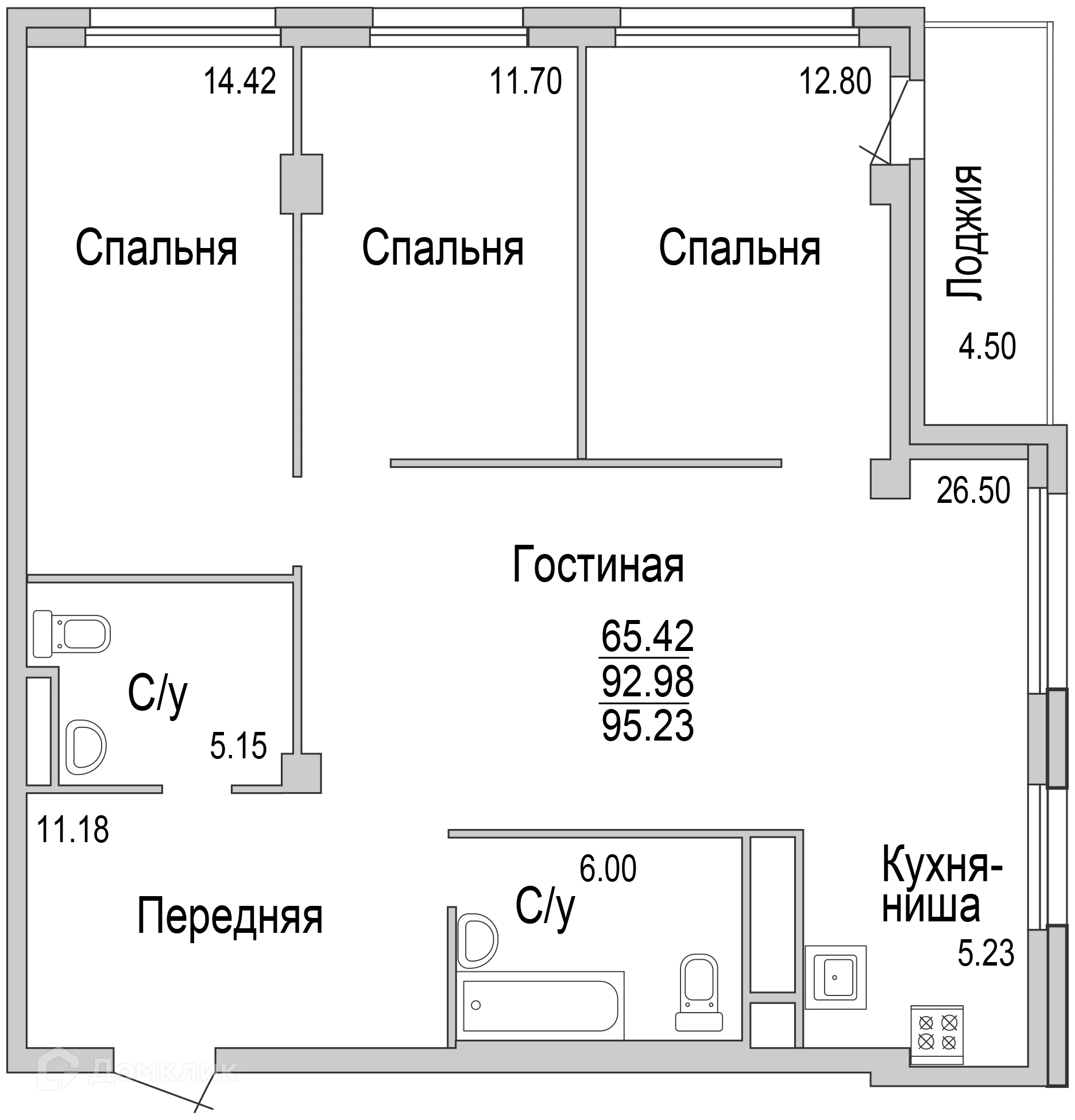Планировка 4-комнатной квартиры 95.23 м² в ЖК "НА САРМАНОВСКОМ", г. Набережные Челны — фото 1