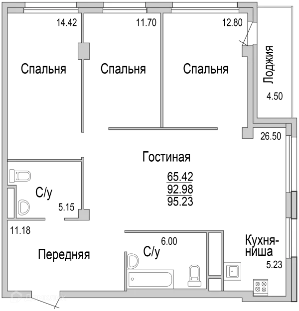 Планировка 4 комн. в ЖК "НА САРМАНОВСКОМ"