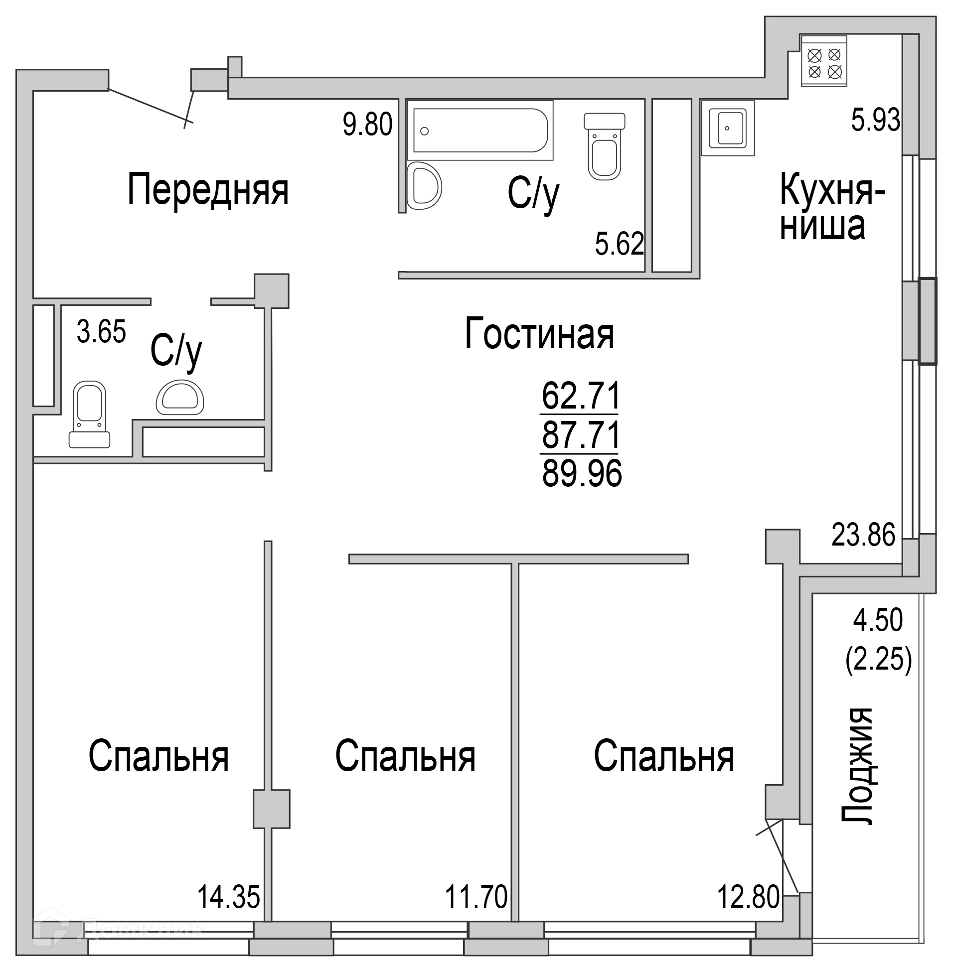 Планировка 4-комнатной квартиры 89.96 м² в ЖК "НА САРМАНОВСКОМ", г. Набережные Челны — фото 1