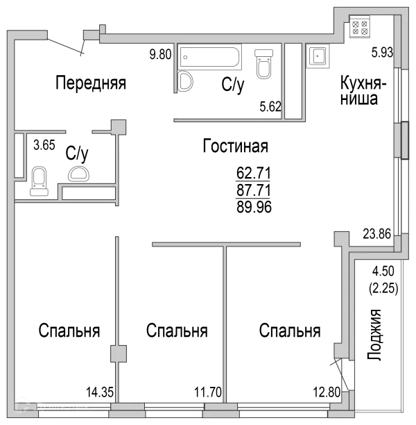 Планировка 4 комн. в ЖК "НА САРМАНОВСКОМ"