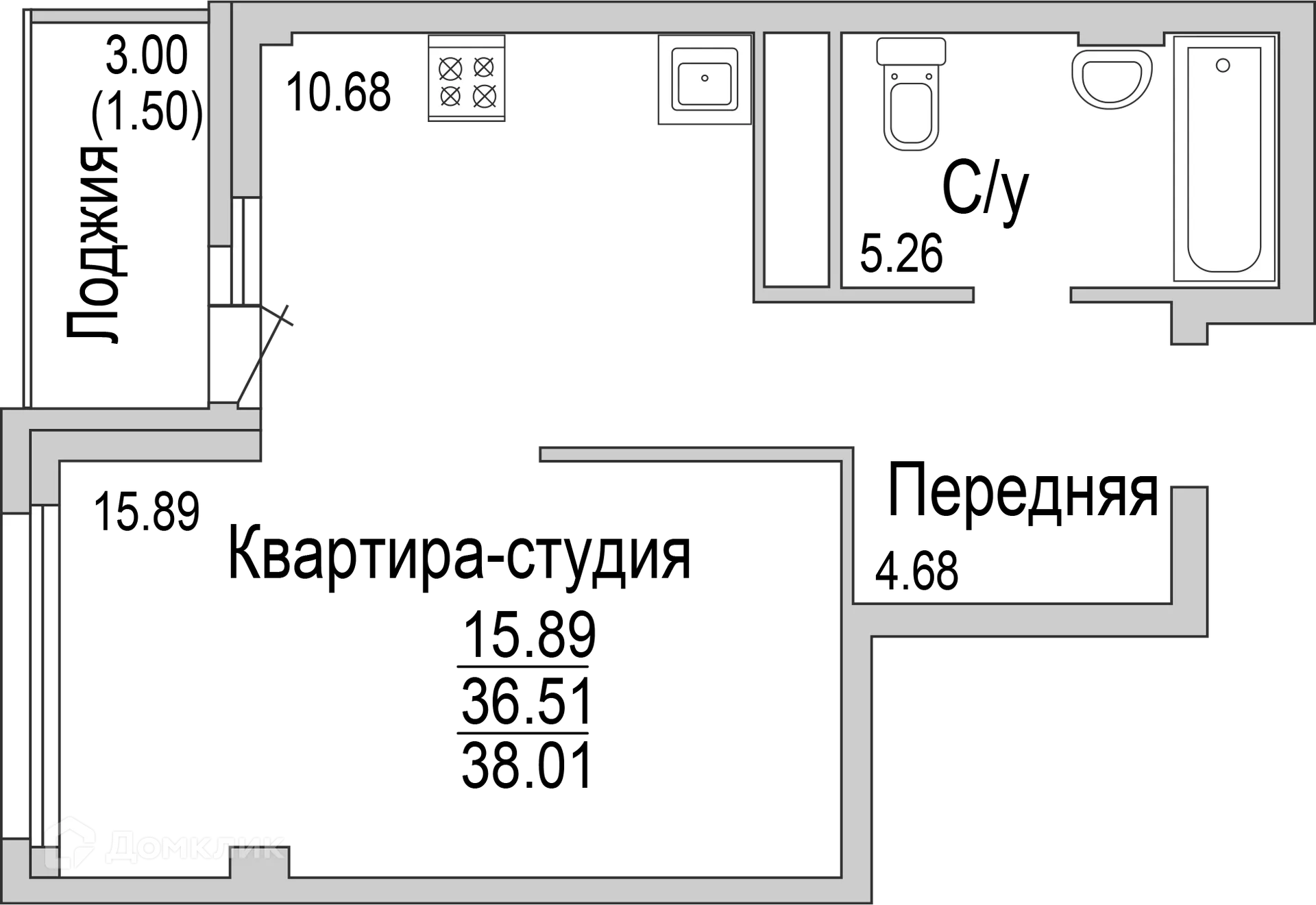 Планировка студии квартиры 38.01 м² в ЖК "НА САРМАНОВСКОМ", г. Набережные Челны — фото 1
