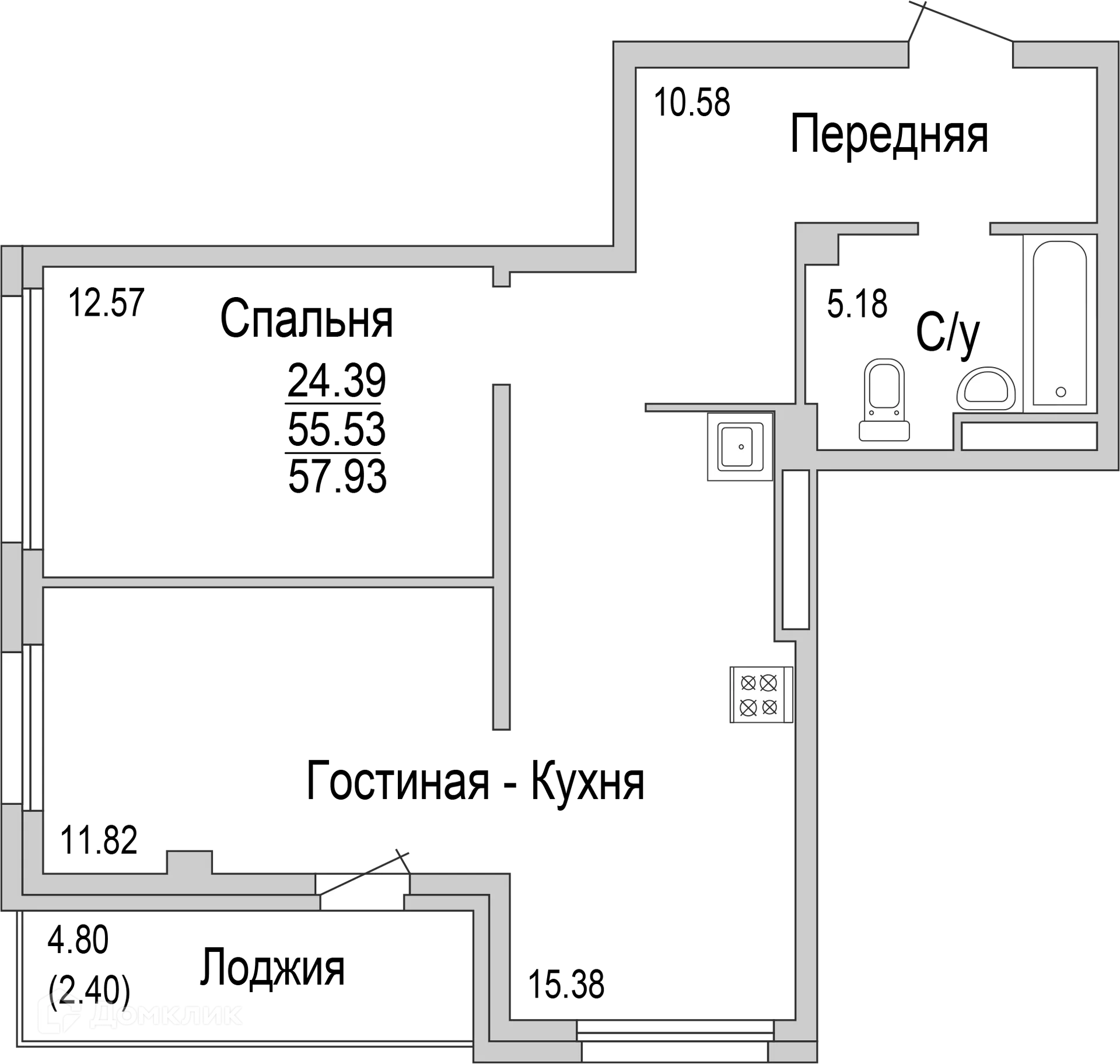 Планировка 2-комнатной квартиры 57.93 м² в ЖК "НА САРМАНОВСКОМ", г. Набережные Челны — фото 1