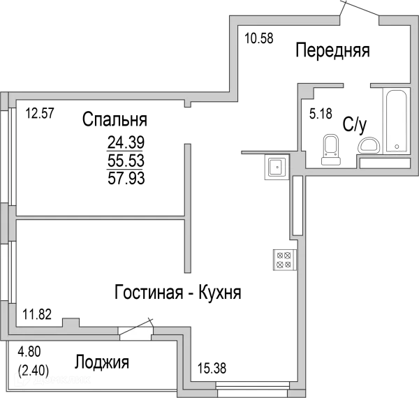 Планировка 2 комн. в ЖК "НА САРМАНОВСКОМ"
