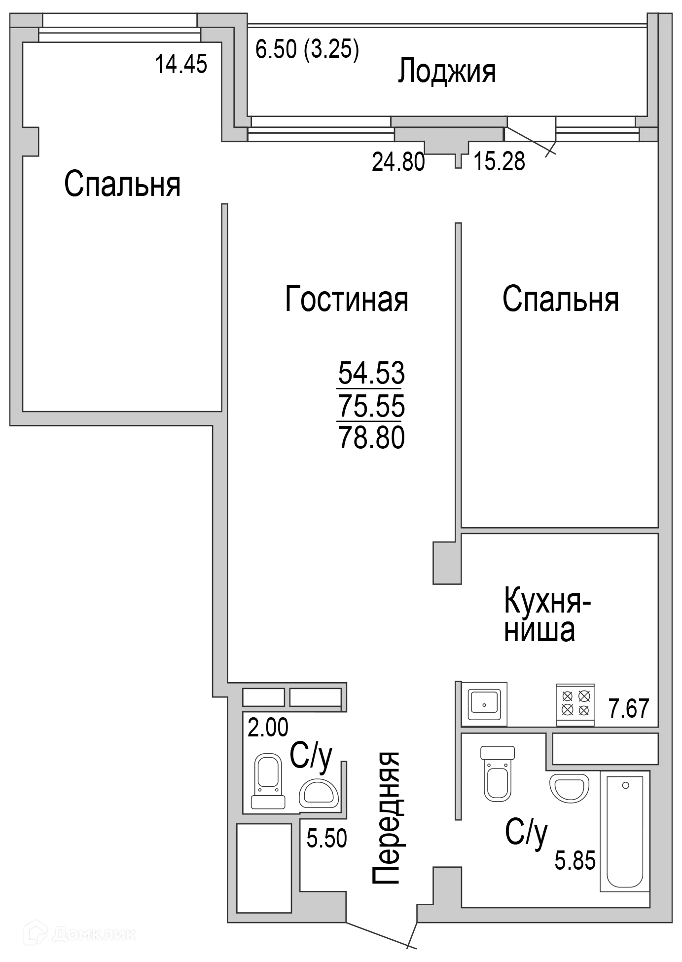 Планировка 3-комнатной квартиры 78.8 м² в ЖК "НА САРМАНОВСКОМ", г. Набережные Челны — фото 1