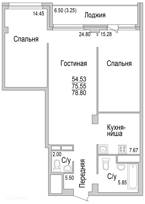Планировка 3 комн. в ЖК "НА САРМАНОВСКОМ"