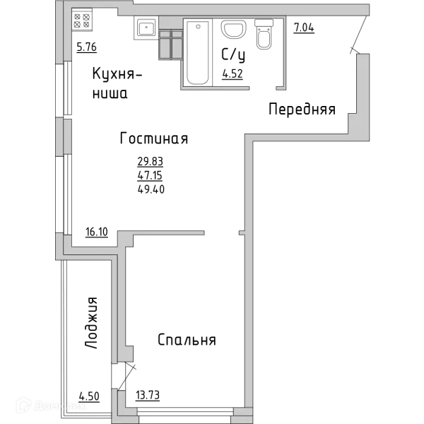 Планировка 2 комн. в ЖК "НА САРМАНОВСКОМ"