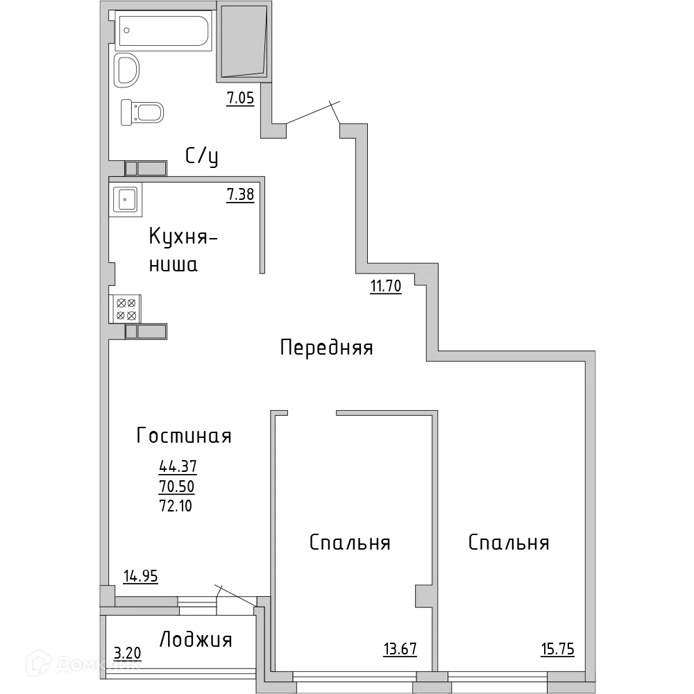 Планировка 3-комнатной квартиры 71.9 м² в ЖК "НА САРМАНОВСКОМ", г. Набережные Челны — фото 1