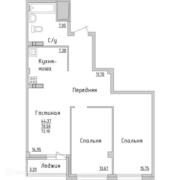 Планировка 3 комн. в ЖК "НА САРМАНОВСКОМ"