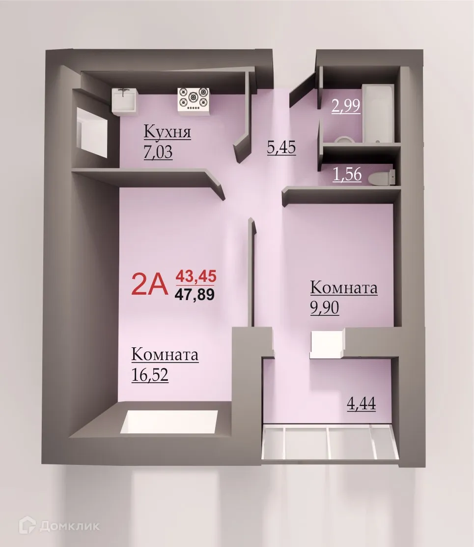 Планировка 2-комнатной квартиры 51.78 м² в ЖК Перспектива, г. Набережные Челны — фото 1