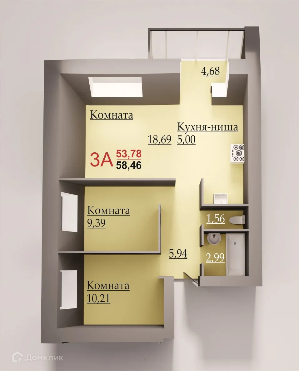 Планировка 3-комнатной квартиры 62.7 м² в ЖК Перспектива, г. Набережные Челны — фото 1
