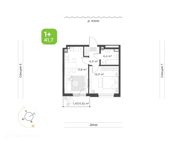 Планировка 1 комн. в ЖК Премьер-квартал на Набережной