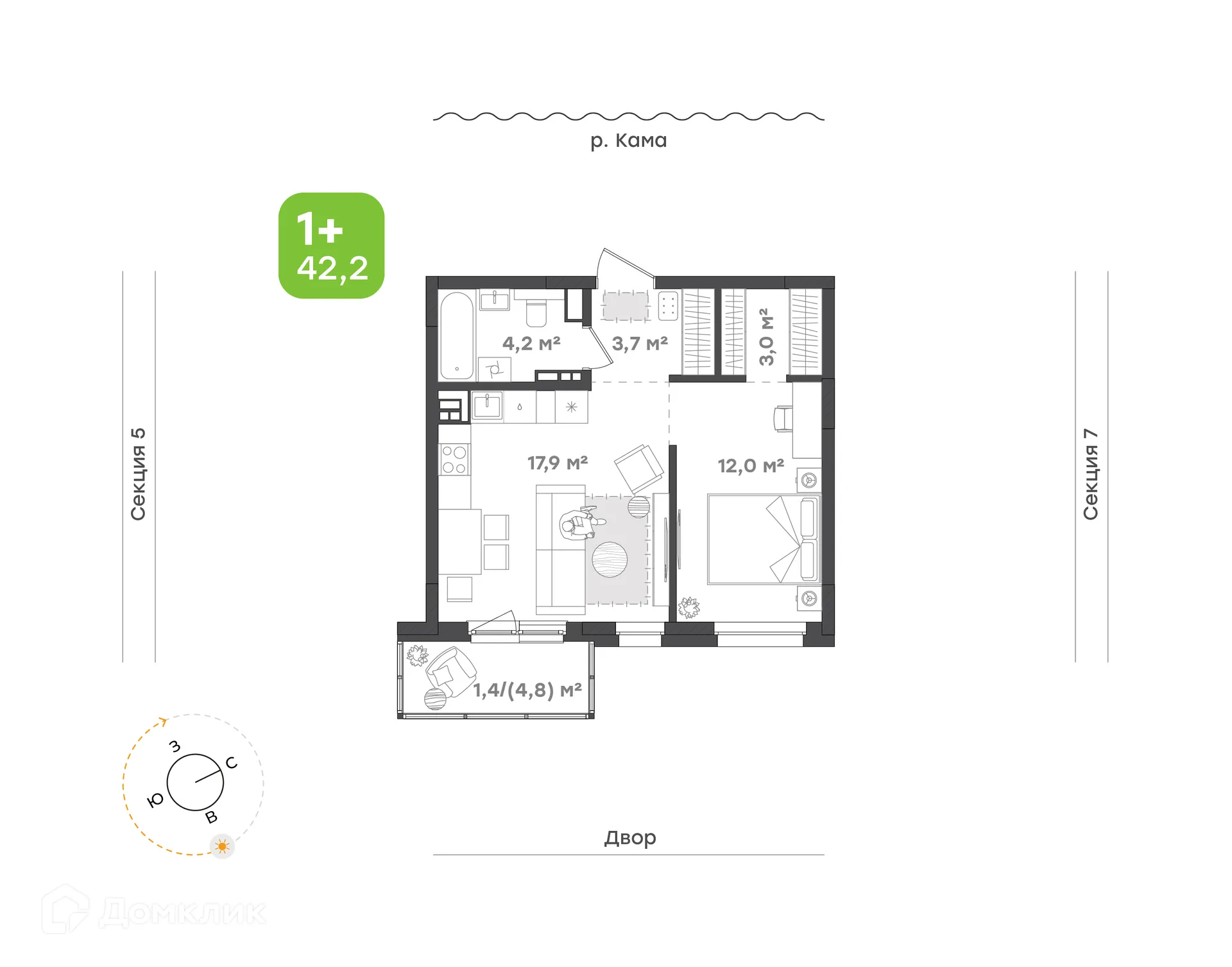 Планировка 1-комнатной квартиры 42.2 м² в ЖК Премьер-квартал на Набережной, г. Набережные Челны — фото 1