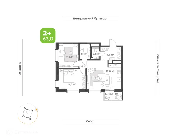 Планировка 2 комн. в ЖК Премьер-квартал на Набережной