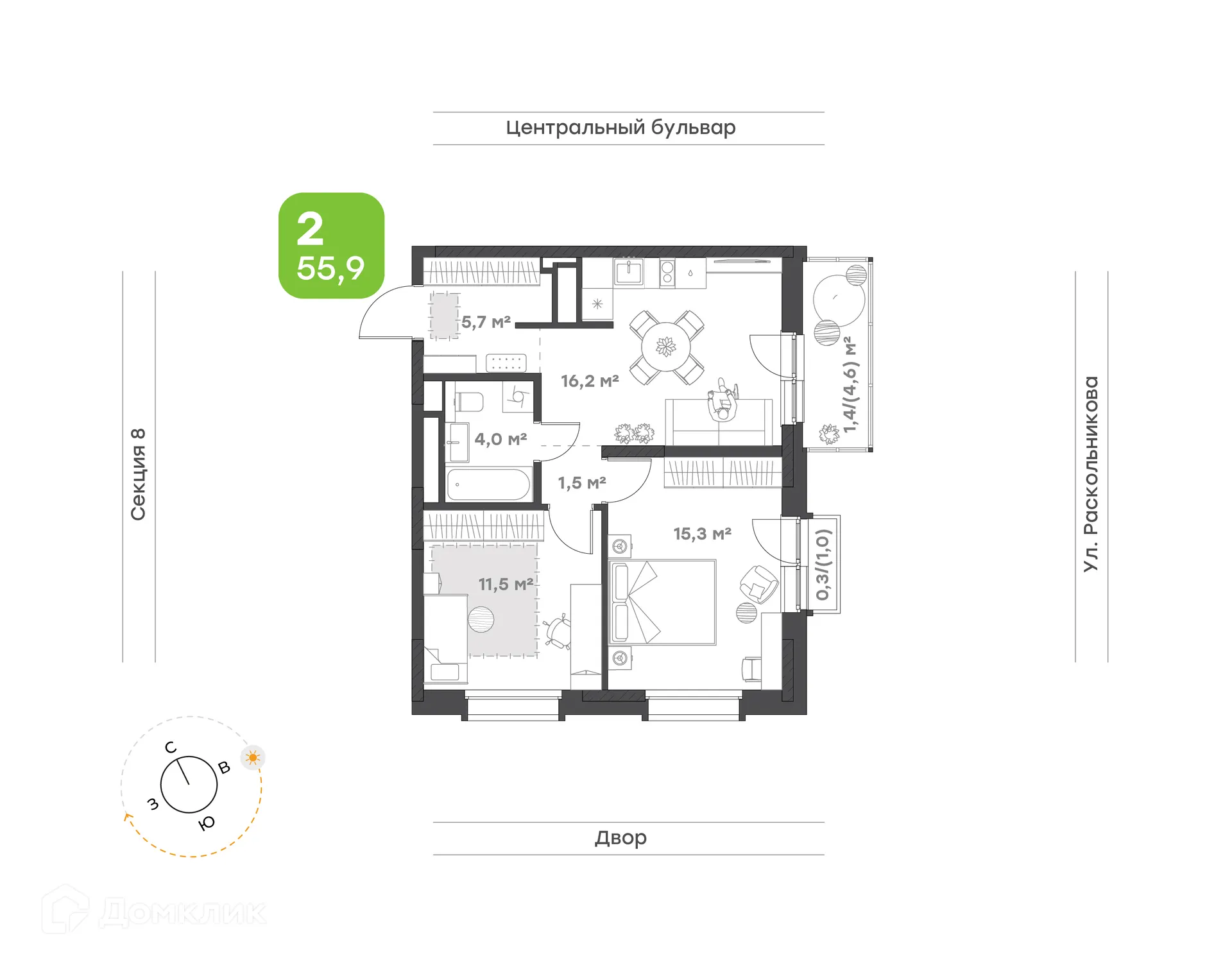 Планировка 2-комнатной квартиры 55.9 м² в ЖК Премьер-квартал на Набережной, г. Набережные Челны — фото 1
