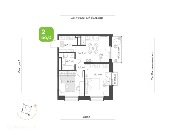 Планировка 2 комн. в ЖК Премьер-квартал на Набережной
