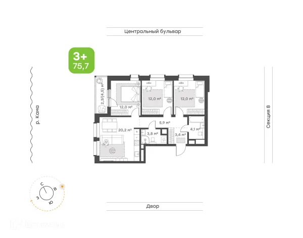 Планировка 3 комн. в ЖК Премьер-квартал на Набережной