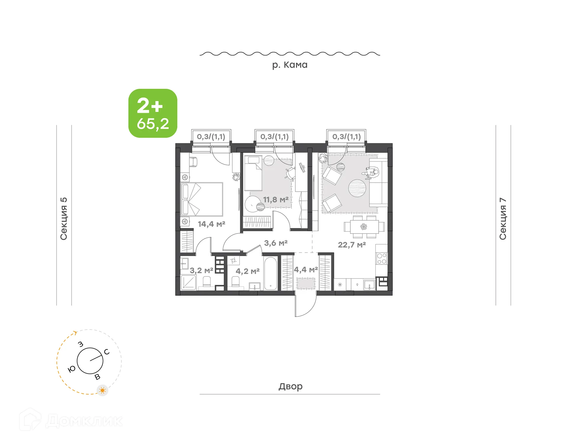 Планировка 2-комнатной квартиры 65.2 м² в ЖК Премьер-квартал на Набережной, г. Набережные Челны — фото 1