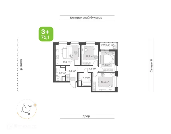 Планировка 3 комн. в ЖК Премьер-квартал на Набережной