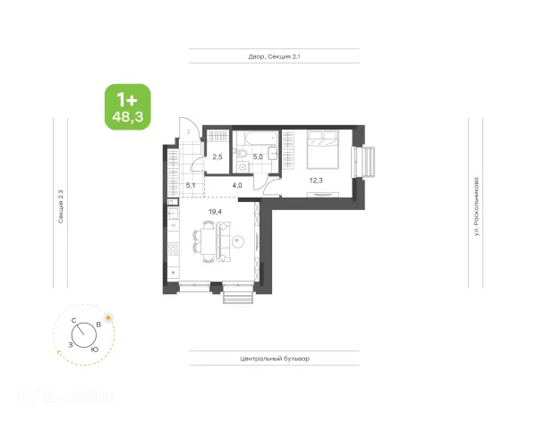 Планировка 1 комн. в ЖК Премьер-квартал на Набережной