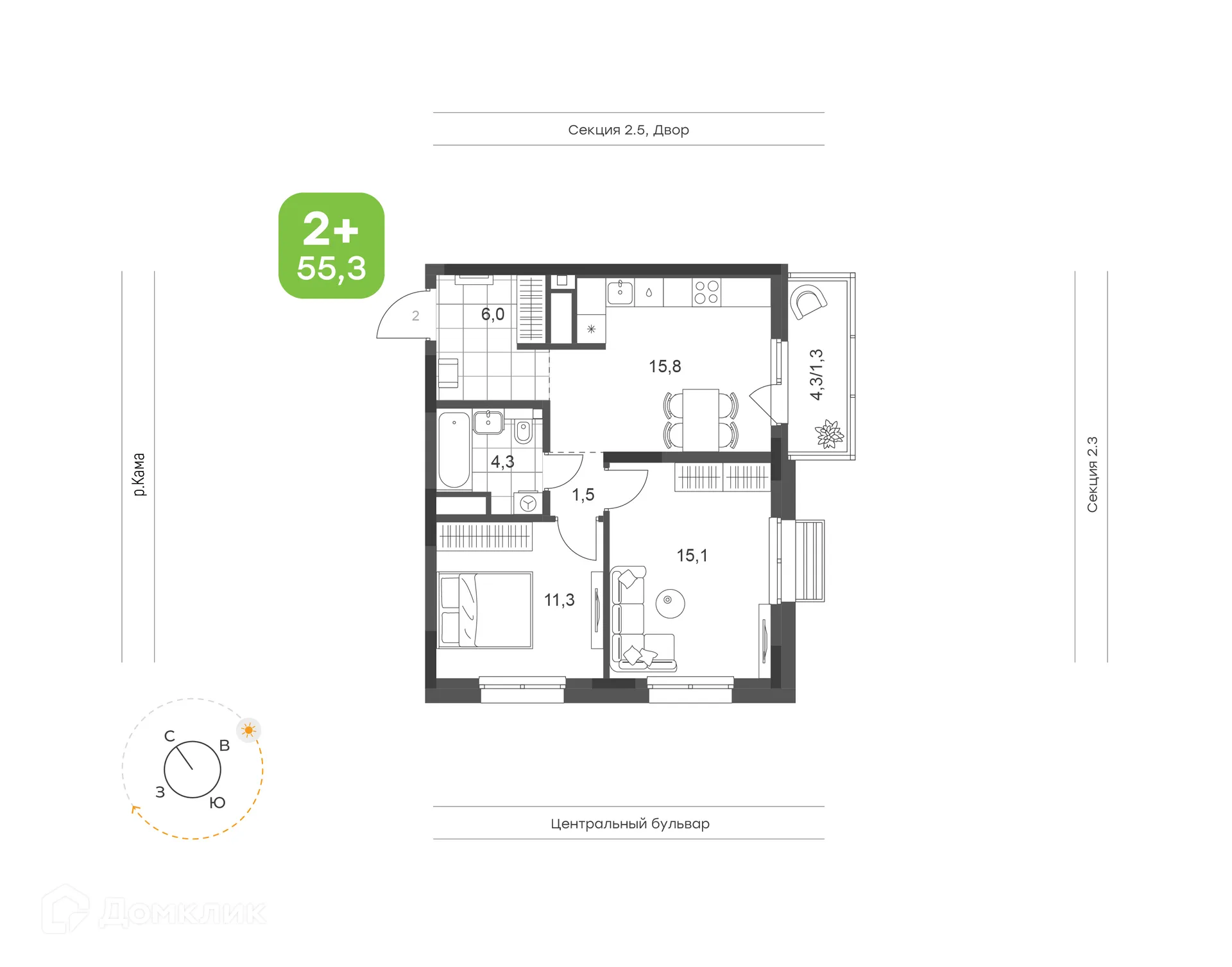 Планировка 2-комнатной квартиры 55.3 м² в ЖК Премьер-квартал на Набережной, г. Набережные Челны — фото 1