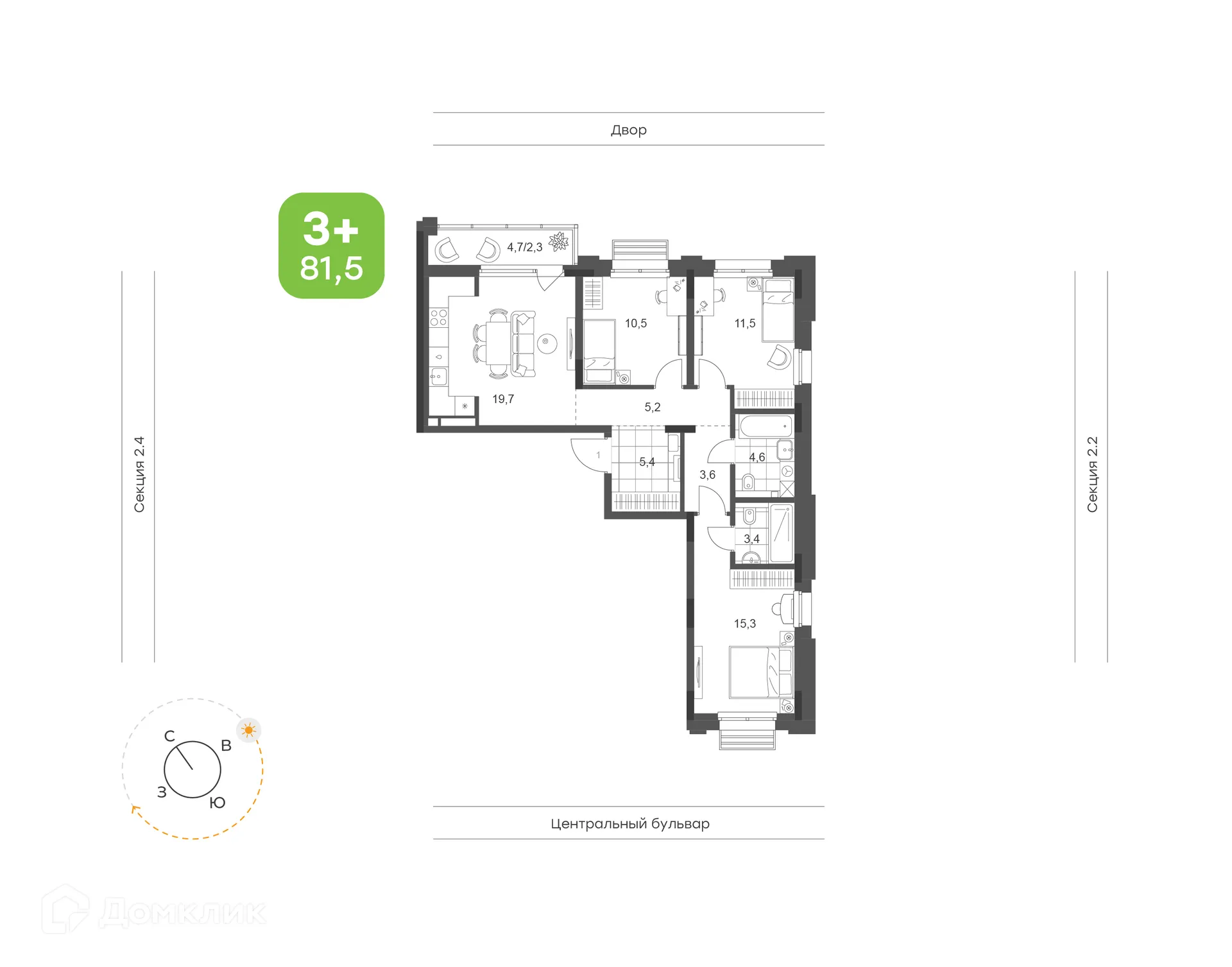 Планировка 3-комнатной квартиры 81.5 м² в ЖК Премьер-квартал на Набережной, г. Набережные Челны — фото 1