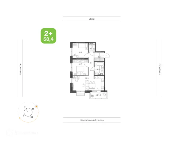 Планировка 2 комн. в ЖК Премьер-квартал на Набережной