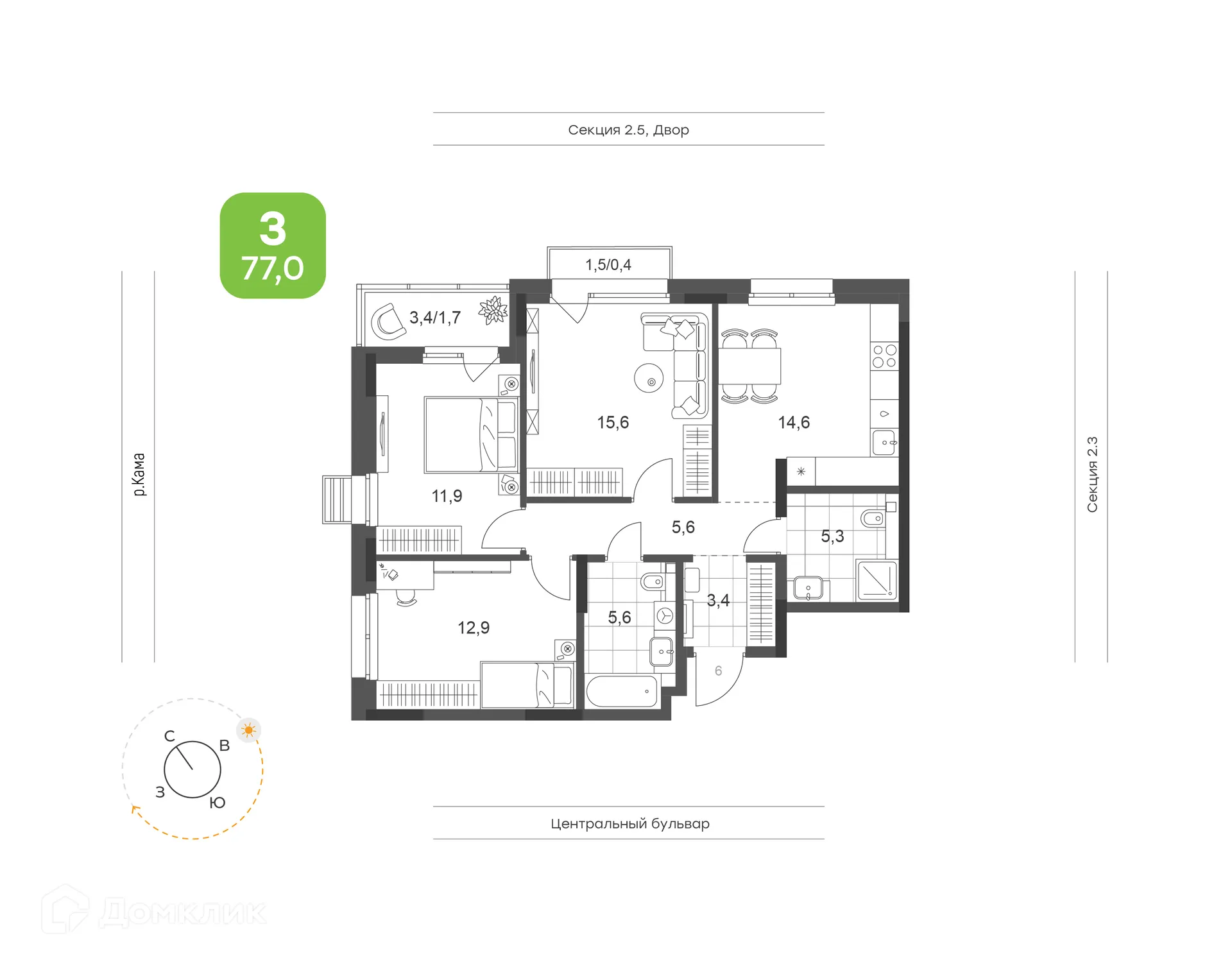 Планировка 3-комнатной квартиры 77 м² в ЖК Премьер-квартал на Набережной, г. Набережные Челны — фото 1