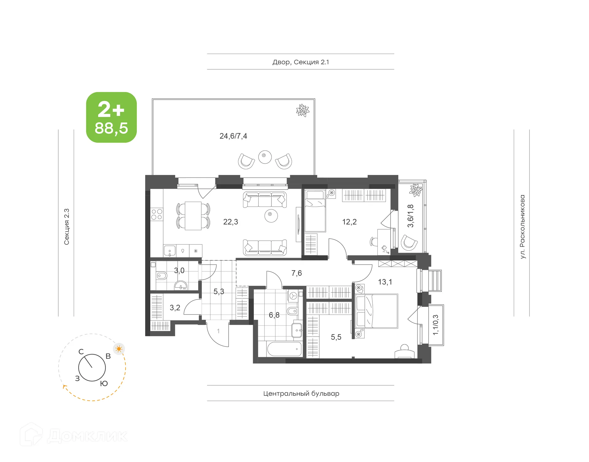Планировка 2-комнатной квартиры 88.5 м² в ЖК Премьер-квартал на Набережной, г. Набережные Челны — фото 1