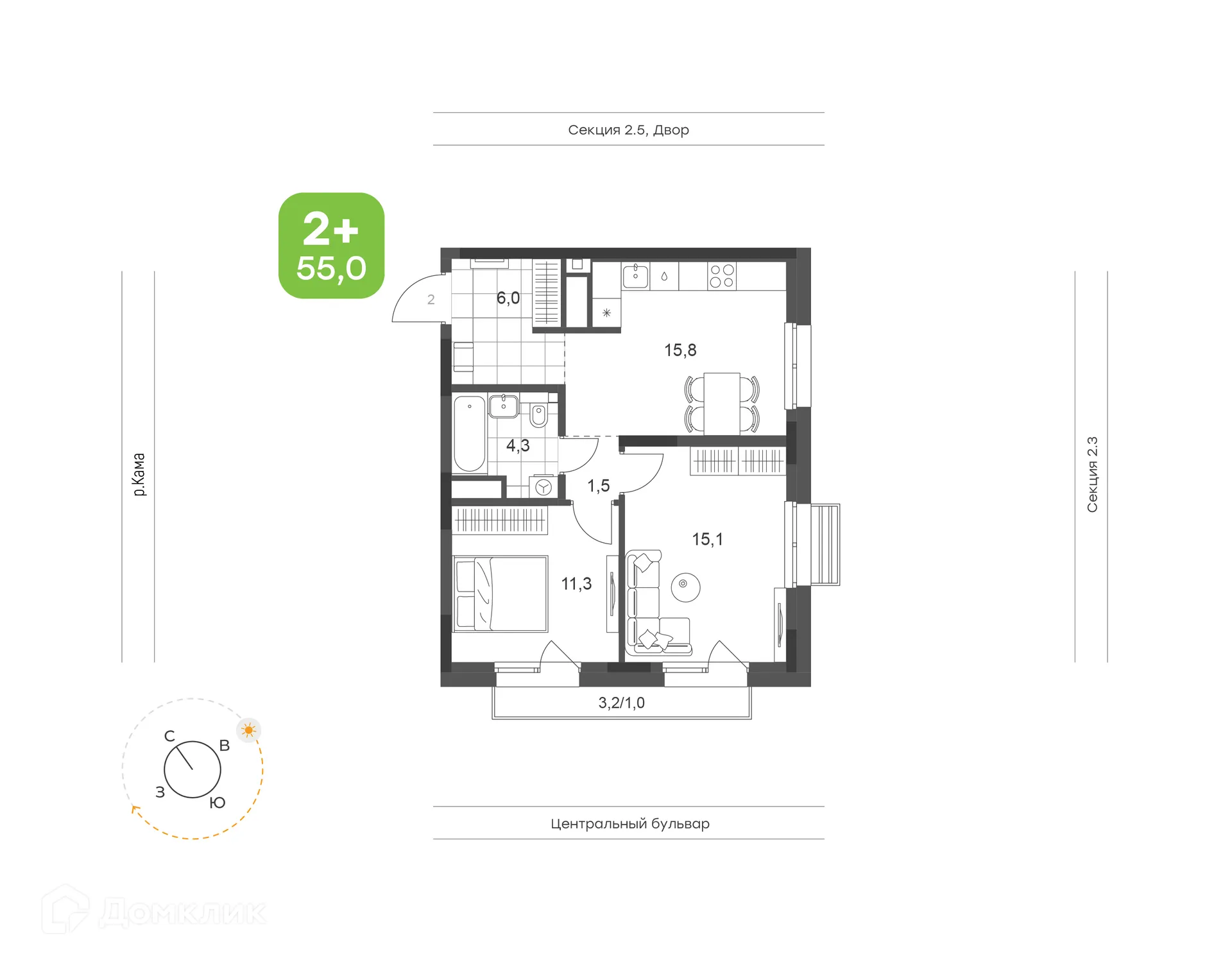 Планировка 2-комнатной квартиры 55 м² в ЖК Премьер-квартал на Набережной, г. Набережные Челны — фото 1