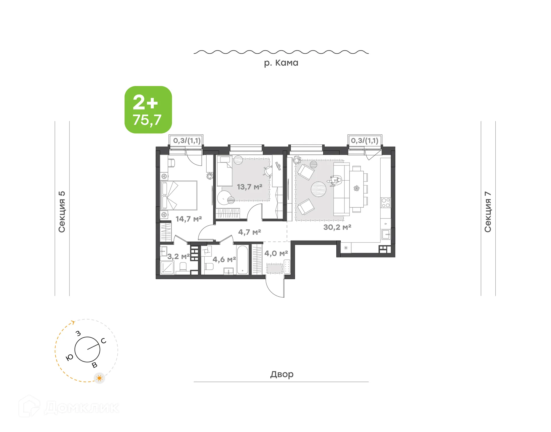 Планировка 2-комнатной квартиры 75.7 м² в ЖК Премьер-квартал на Набережной, г. Набережные Челны — фото 1