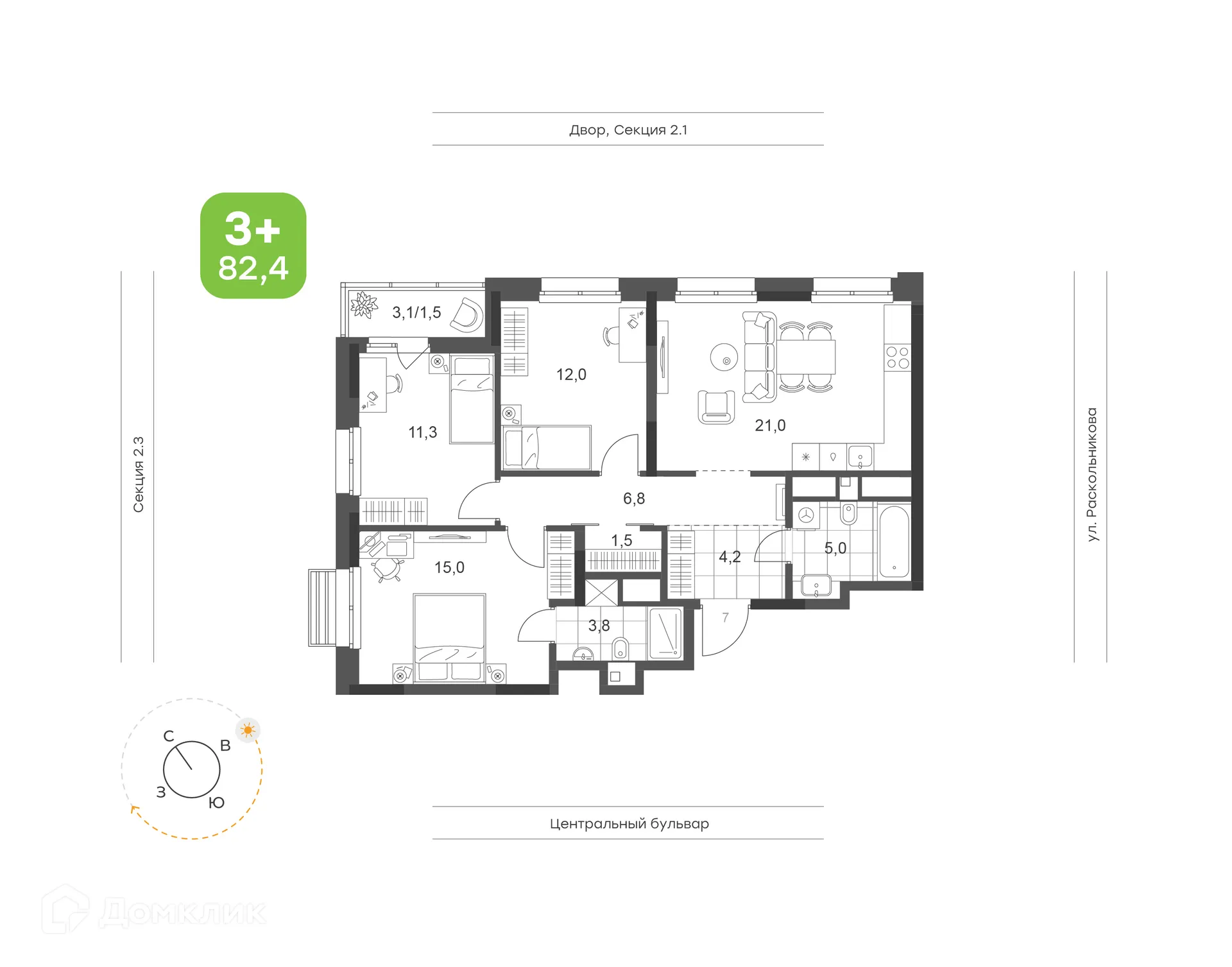 Планировка 3-комнатной квартиры 82.1 м² в ЖК Премьер-квартал на Набережной, г. Набережные Челны — фото 1