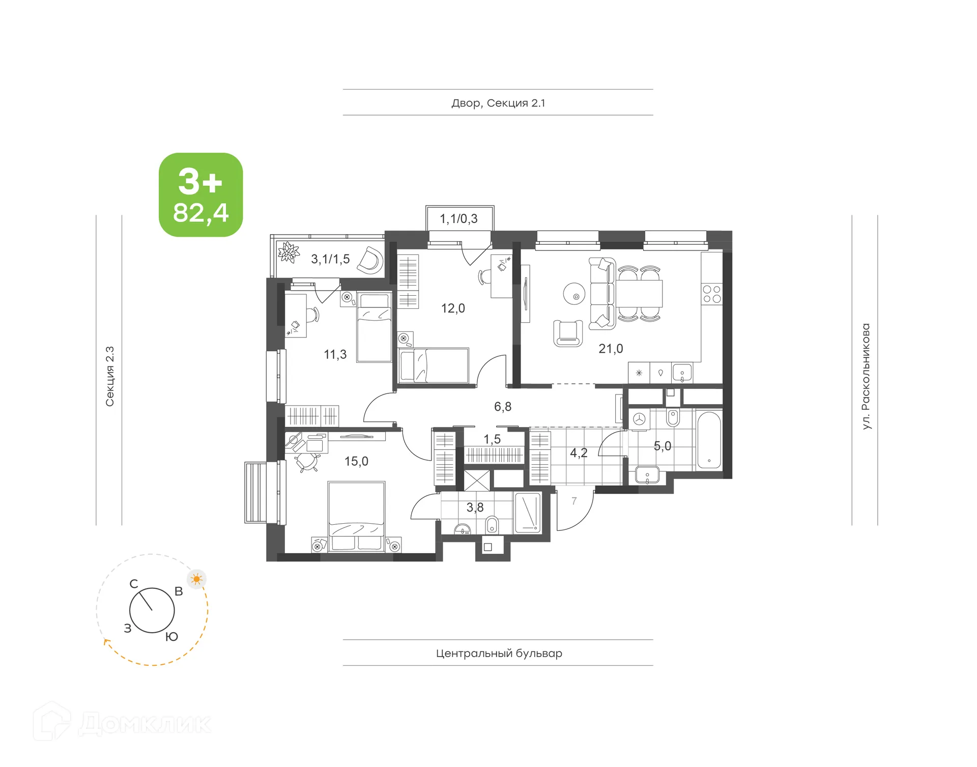 Планировка 3-комнатной квартиры 82.4 м² в ЖК Премьер-квартал на Набережной, г. Набережные Челны — фото 1