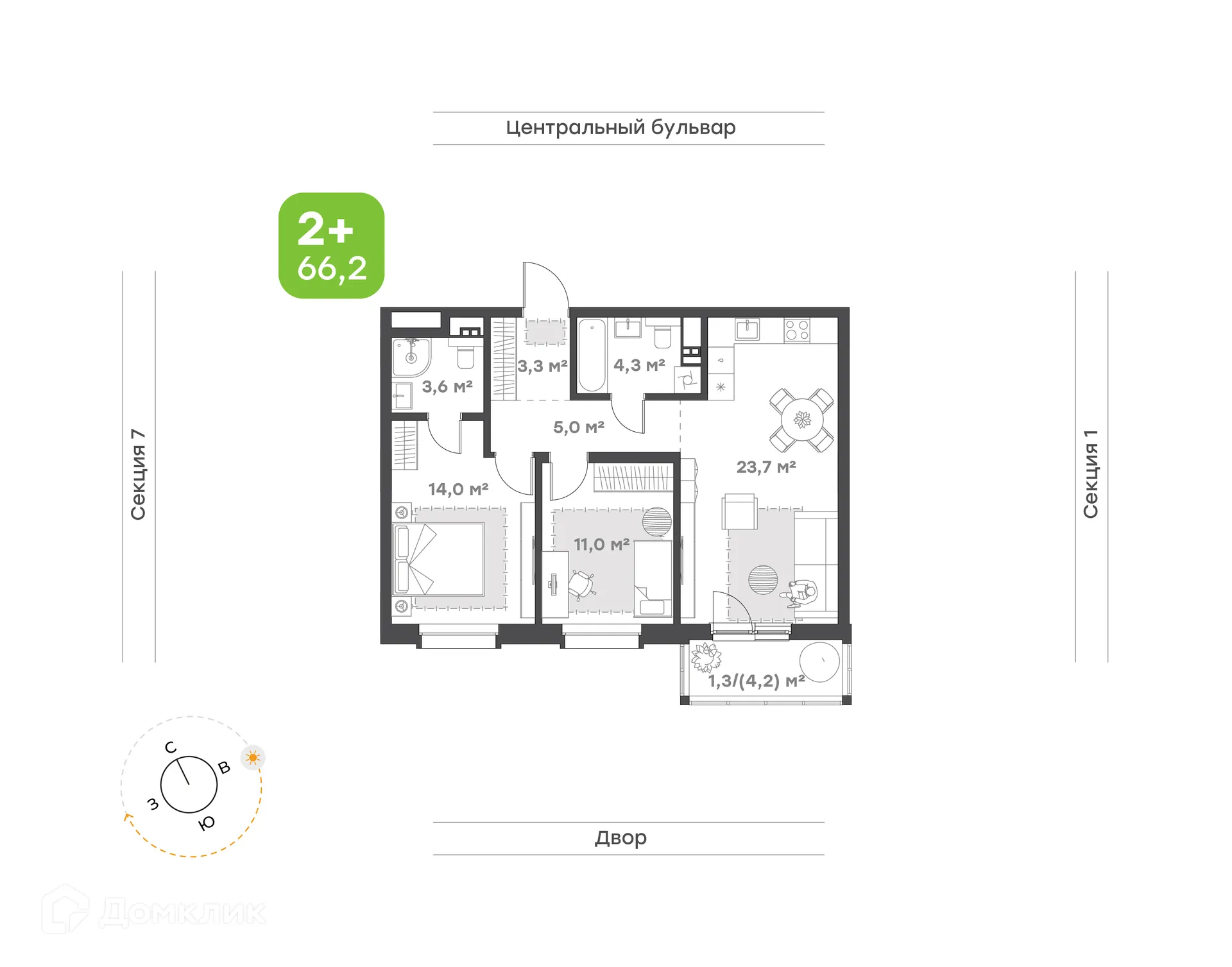 Планировка 2-комнатной квартиры 66.2 м² в ЖК Премьер-квартал на Набережной, г. Набережные Челны — фото 1