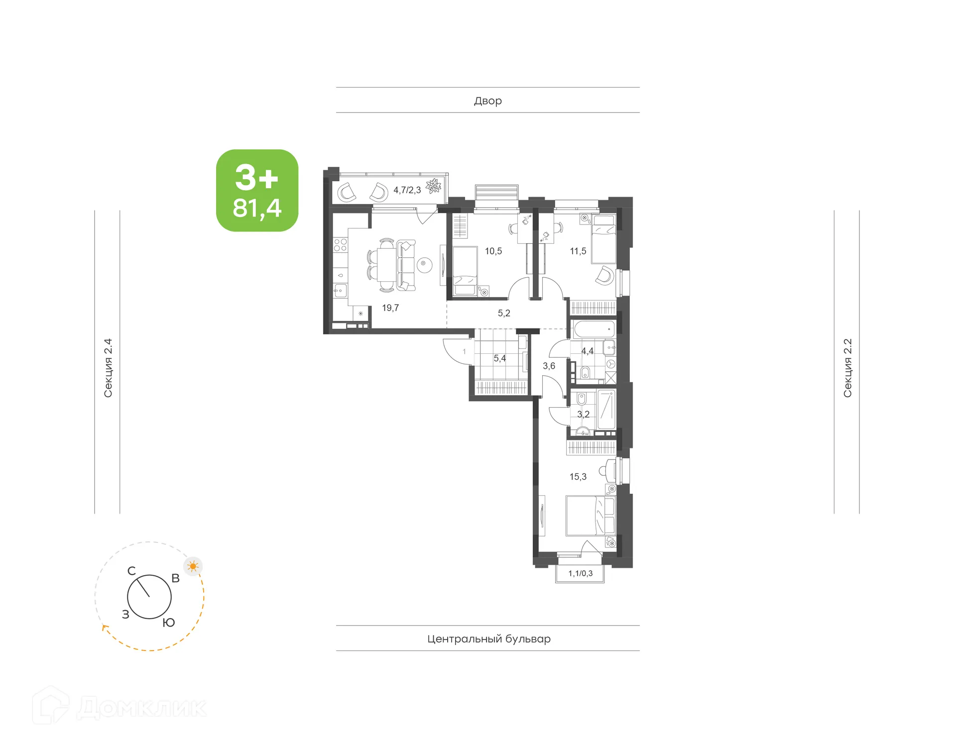 Планировка 3-комнатной квартиры 81.4 м² в ЖК Премьер-квартал на Набережной, г. Набережные Челны — фото 1