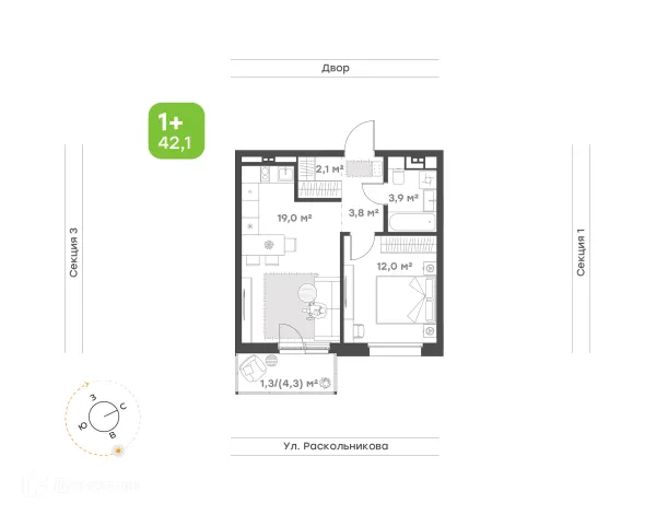 Планировка 1 комн. в ЖК Премьер-квартал на Набережной