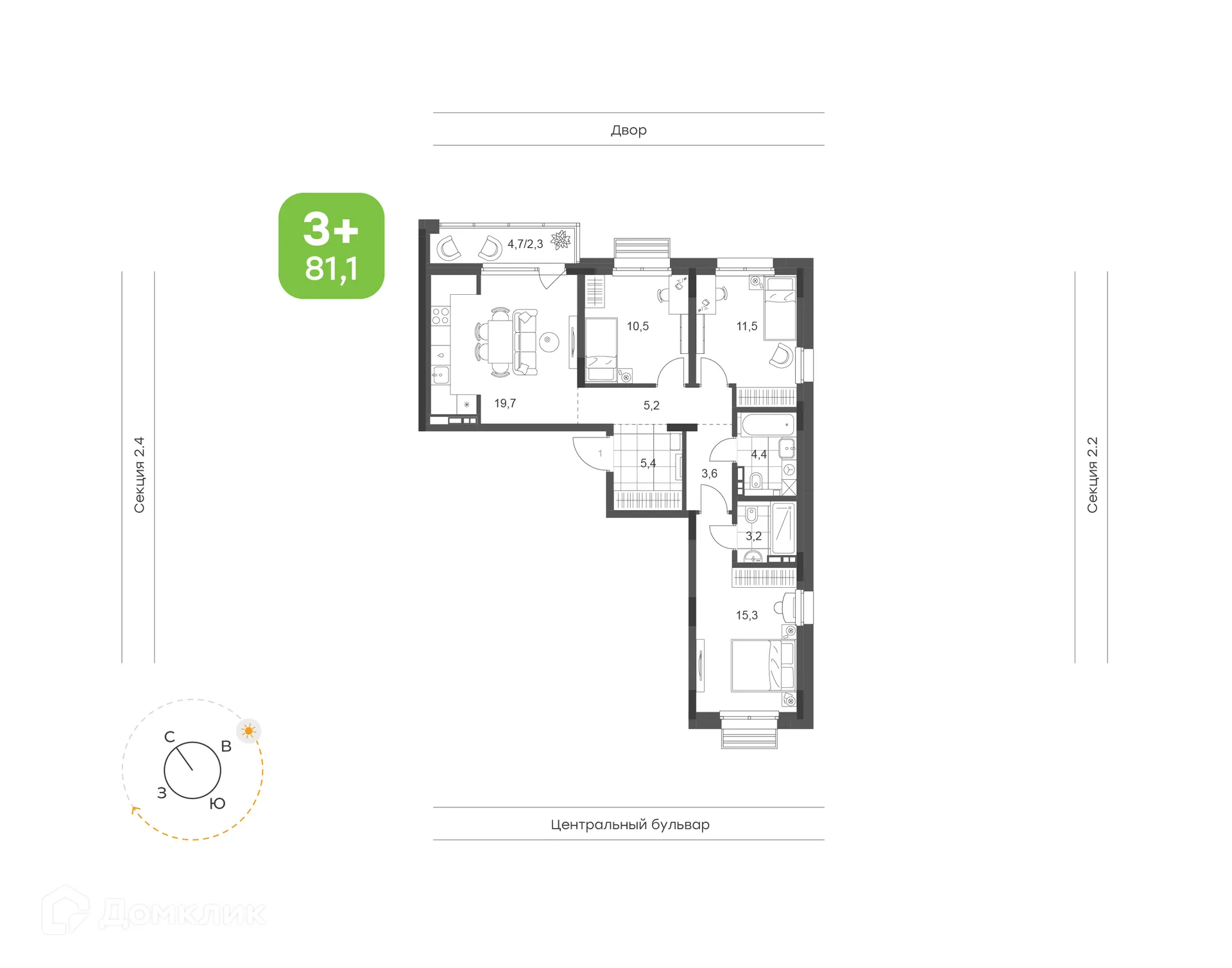 Планировка 3-комнатной квартиры 81.1 м² в ЖК Премьер-квартал на Набережной, г. Набережные Челны — фото 1